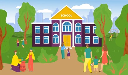 Parent character together back school with young children, urban academy city garden park flat vector illustration, knowledge day holiday.
