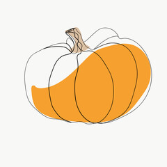 Pumpkin contour drawn by one line with a orange and beige colors on a white background. Vector.