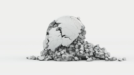 3d rendering of a white destroyed into many fragments. Isolated image on a white background. The idea of collapse, catastrophe, the end of the world, entropy. An illustration of the economic crisis.