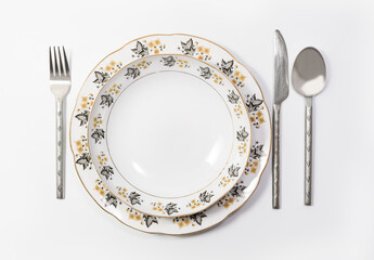 Luxury Vintage Porcelain tableware - Set of Plates with Utensils on white backgroun, top view