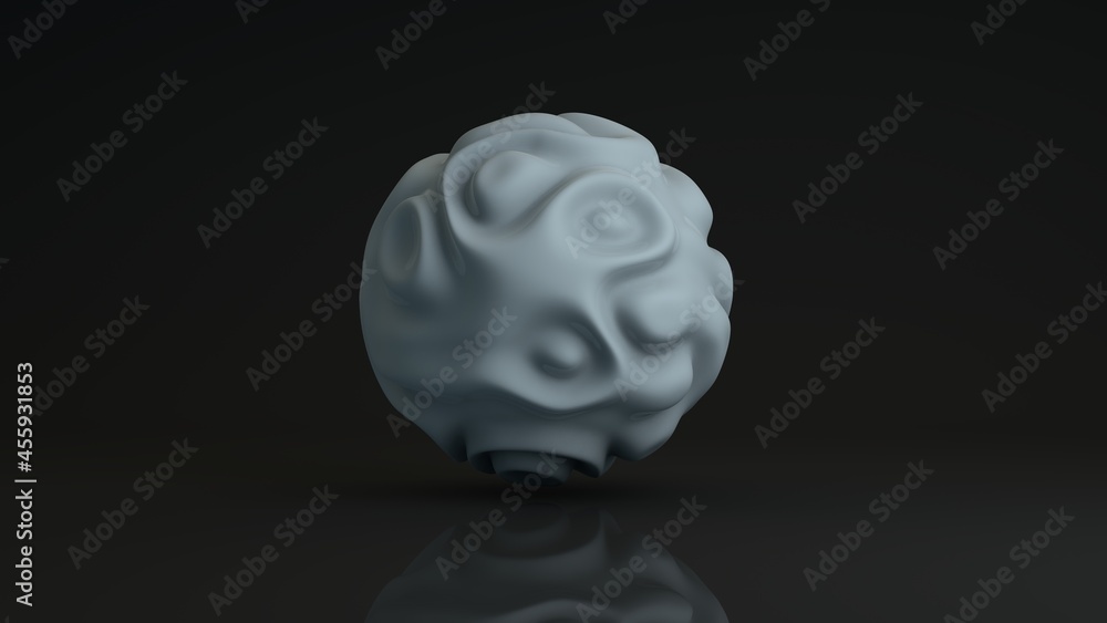 Poster 3d rendering of an abstract silver sphere with black plastic convolutions in a dark studio with refl
