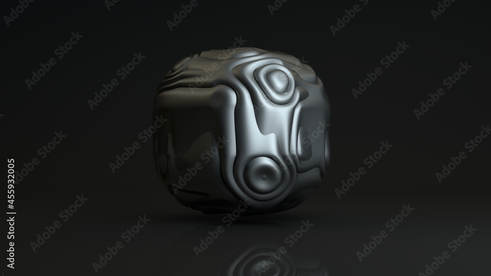 Poster 3d rendering of a mysterious metal cube with smooth edges and soft convolutions, waves on the surfac