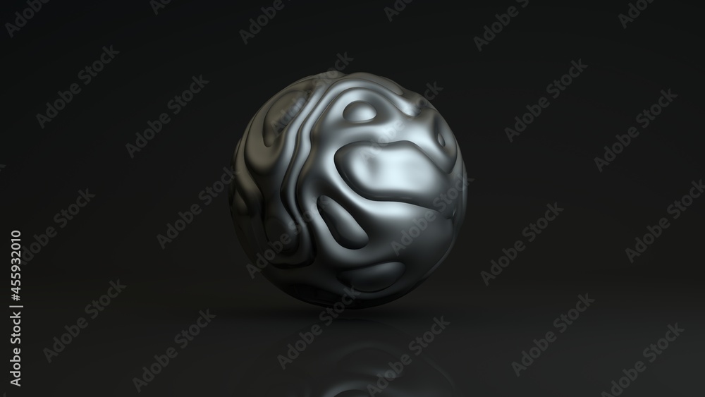 Poster 3d rendering of an abstract silver sphere with black plastic convolutions in a dark studio with refl