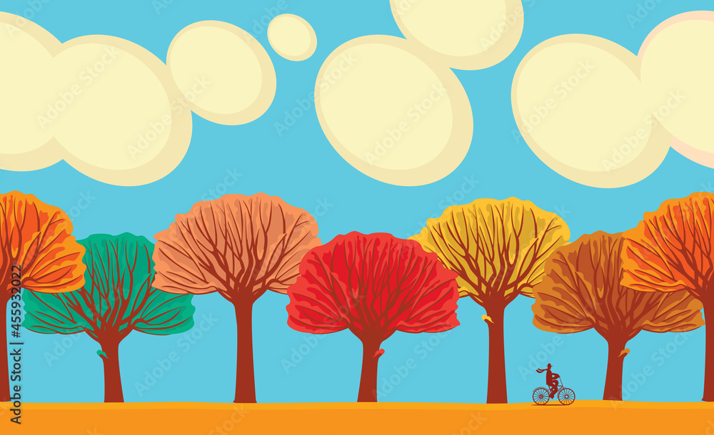 Poster seamless horizontal frieze with colorful autumn trees and a passing cyclist against a blue sky with 