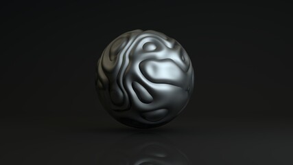 3d rendering of an abstract silver sphere with black plastic convolutions in a dark studio with reflections. Mysterious ball, mysterious object, futuristic design. 3d illustration
