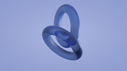 3d rendering of two glass rings and a sphere in space, on a blue background. Abstract composition of geometric shapes, the idea of balance and interaction, color harmony.