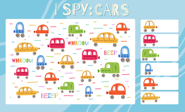 I spy game. Childrens educational fun. Count how many cars. Flat hand drawn automobile, van, machine and word. Vector template for preschool games. Education task sheet