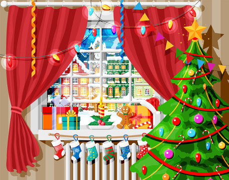 Cozy interior of room with window. Happy new year decoration. Merry christmas holiday. New year and xmas celebration. Winter landscape, tree, snow, town. Cartoon flat vector illustration.