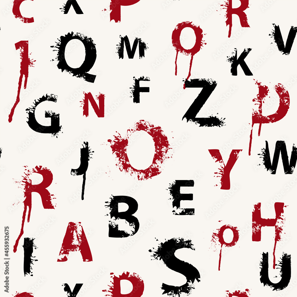 Poster seamless pattern with latin letters in form of red and black paint blots and splashes on a light bac