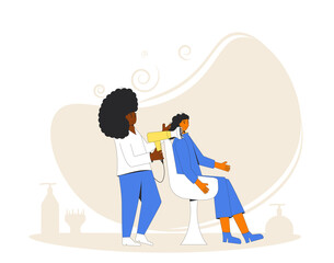  Hair salon. Hairstyle with hairdryer and duffuser nozzle.