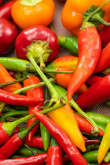 vertical set of fresh hot peppers close-up red and green