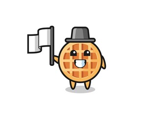 Cartoon character of circle waffle holding a flag