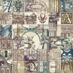 Abstract seamless pattern on theme of medieval architecture and art. Vector background with colored hand-drawn architectural fragments in vintage style. Wallpaper, wrapping paper or fabric design