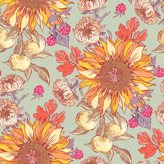 Autumn Bouquet Seamless Pattern.  Floral Hand Drawn Background. - 455933886