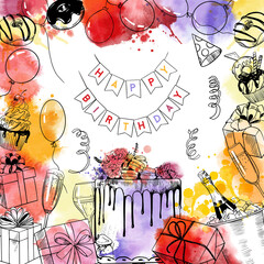 Happy birthday cards. Watercolor vector background.