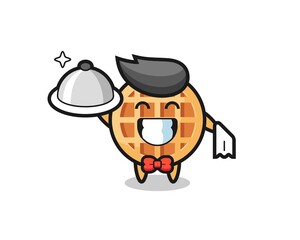 Character mascot of circle waffle as a waiters