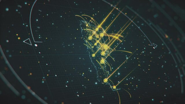 Flashing highlighted Argentina Map with glowing areas and interstate light connections. Scanning of Argentina Map through hi-tech futuristic sight and visuals with connecting light points and lines.
