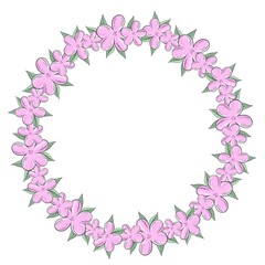 Fototapeta na wymiar Circular frame from delicate blooming pink flowers vector illustration. Round floral wreath. Template for invitation or greeting card. Romantic rim with flowers and leaves.