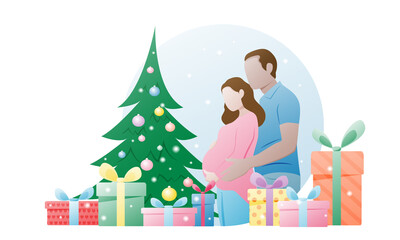 A happy couple expecting a baby on a white background with gifts. Vector illustration in a flat style. The concept of a holiday, Christmas and New Year. Pregnancy.