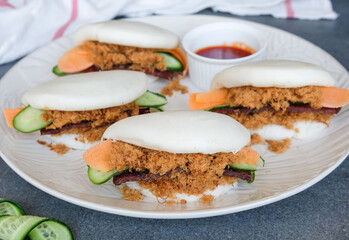 Delicious homemade snacks. Steamed Guo Bao with Meat Floss & Bakkwa aka Grilled Dried Meat. Great for family, friends, visitor guest. Easy to prepare, all shop bought food and fresh produce.