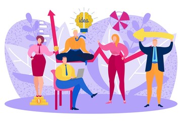 Business people character teamwork creative idea with light bulb, office clerk work together flat vector illustration, isolated on white.