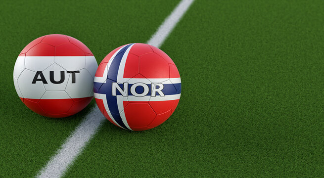 Austria vs. Norway Soccer Match - Leather balls in Austria and Norway national colors. 3D Rendering