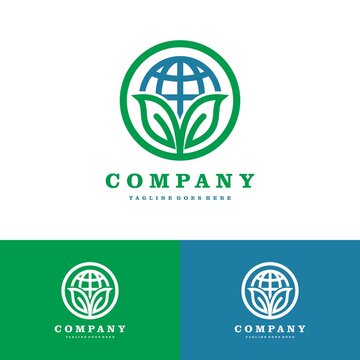 Green leafs and globe logo. Eco, natural, organic icon or symbol set vector icon illustration design