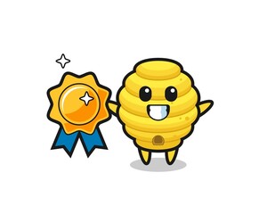 bee hive mascot illustration holding a golden badge