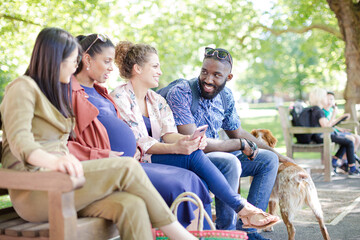 Friends with dog on park bench