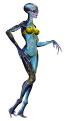 3D Rendering Blue Female Alien on White