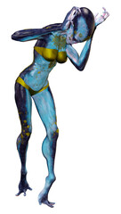 3D Rendering Blue Female Alien on White