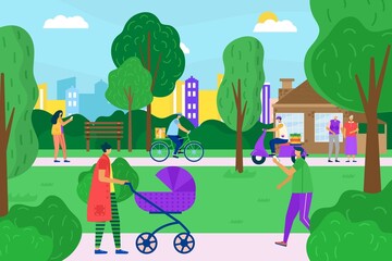 Townspeople character together walk city garden, different people stroll outdoor urban park flat vector illustration, cityscape view.