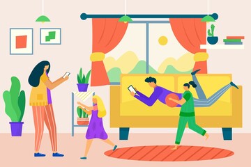 Modern family character together use smartphone gadget, people father, mother and children digital addiction flat vector illustration.