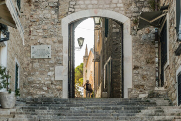 Herceg Novi, Montenegro - August 23, 2021: Tower Sahat Kula (Clock Tower) on Square of Nikola Dzhurkovicha