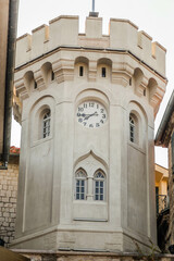 Herceg Novi, Montenegro - August 23, 2021: Tower Sahat Kula (Clock Tower) on Square of Nikola Dzhurkovicha
