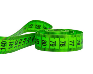 Green bright tape measure tool isolated on the white background