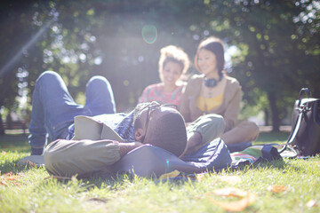 Young friends relaxing in sunny summer park