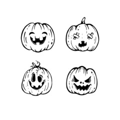 Set of halloween pumpkins. Halloween pumpkins with emotional faces. Autumn holiday symbol. Vector illustration
