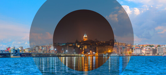 Day and Night Concept - Galata Tower, Galata Bridge, Karakoy district and Golden Horn at morning, istanbul - Turkey