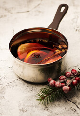 Christmas mulled wine on the table. Hot wine with spices and spicy.