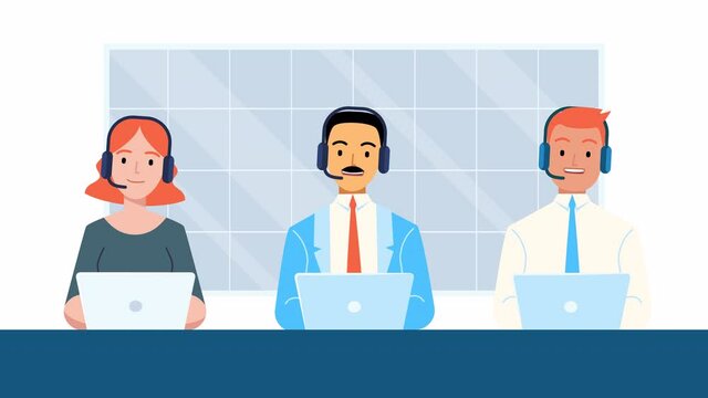 Call center operators character. lip syncing, mouth animation, hotline flat cartoon design. Smiling office worker with headset, computer. online customer support. Assistant callback client Help center