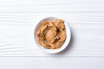 Close-up of tasty peanut paste for breakfast