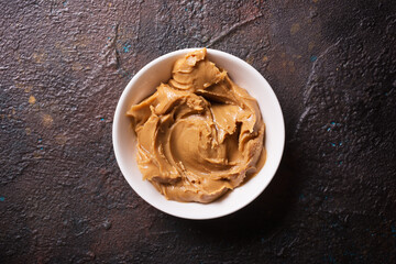 Close-up of tasty peanut paste for breakfast