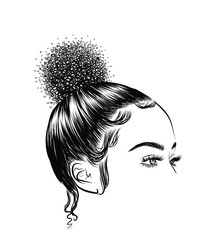 A girl with curly hair gathered in a bun. Illustration for salons, business visit cards, posters,  wall decall, socia media posts. 