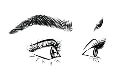 Fresh look for logo, print, fashion template, eyelash extension. Precise lineart in vector. Luxe long eyelashes with detailed eyebrows. 
