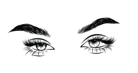Fresh look for logo, print, fashion template, eyelash extension. Precise lineart in vector. Luxe long eyelashes with detailed eyebrows. 
