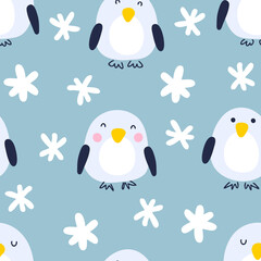 Cartoon style winter penguins with snowflakes seamless pattern. Perfect for T-shirt, textile and prints. Hand drawn vector illustration for decor and design.

