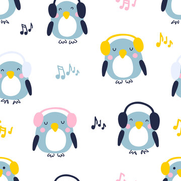 Cartoon style musical penguins seamless pattern. Perfect for T-shirt, textile and prints. Hand drawn vector illustration for decor and design.

