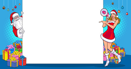 peeking santa claus with White board and Santa girl