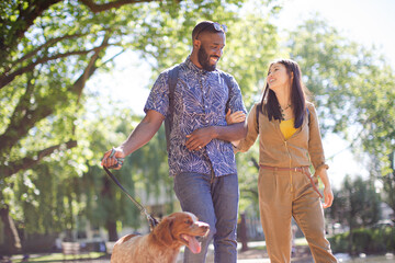 Happy young couple walking dog in sunny park